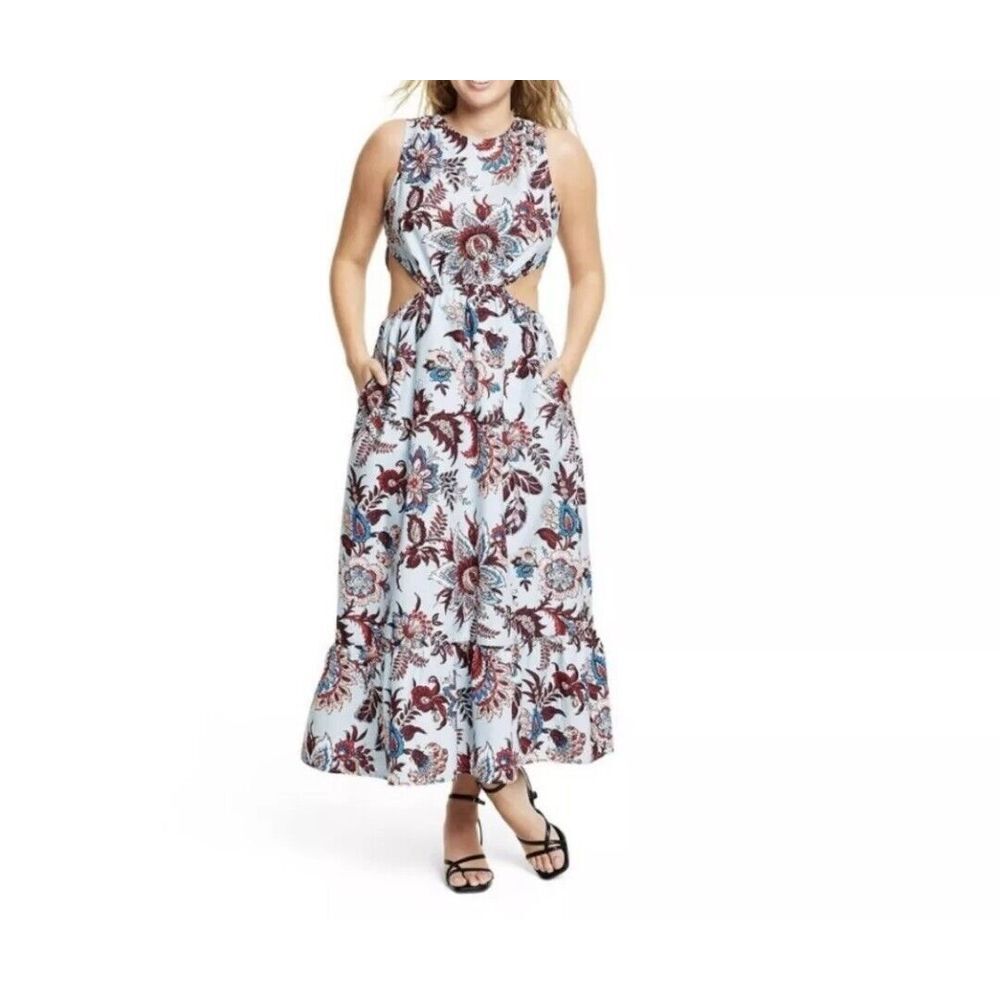 Sleeveless Light Blue Cotton Cutout Maxi Dress